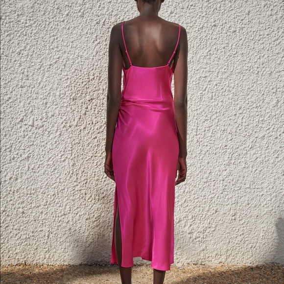 Zara DRAPED CAMISOLE SATIN MIDI DRESS w/ Side Slit PINK NEW - Picture 8 of 16
